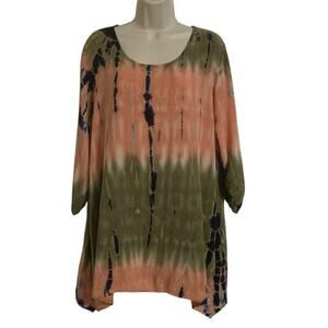 Dressbarn Tunic Top Womens L Olive & Salmon Tie Dye Boho Hippie Flowy